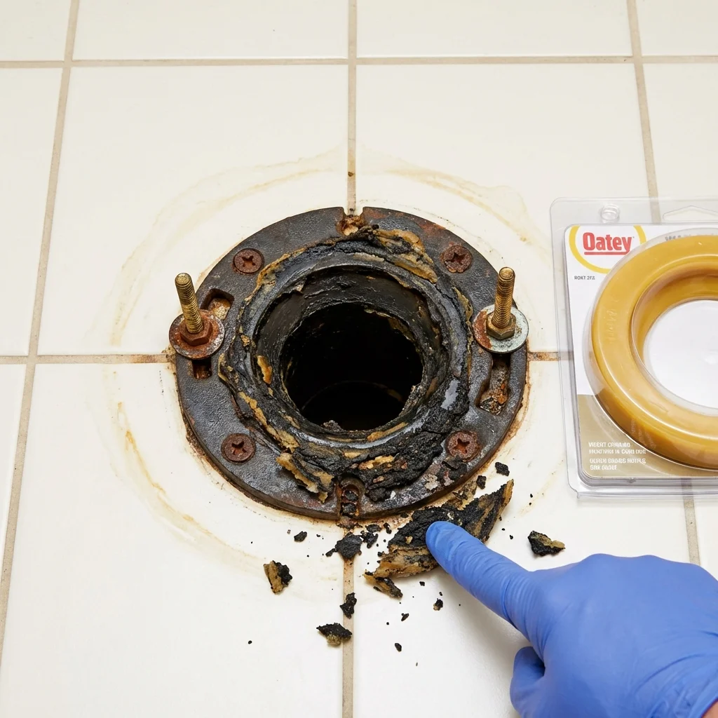 Failed wax ring showing water seepage at the base of a toilet in a North Bend, OR home